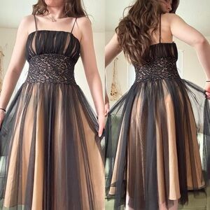 Studio 1940 Vintage Gothic Grunge Formal Black Lace & Nude Tulle Midi Dress